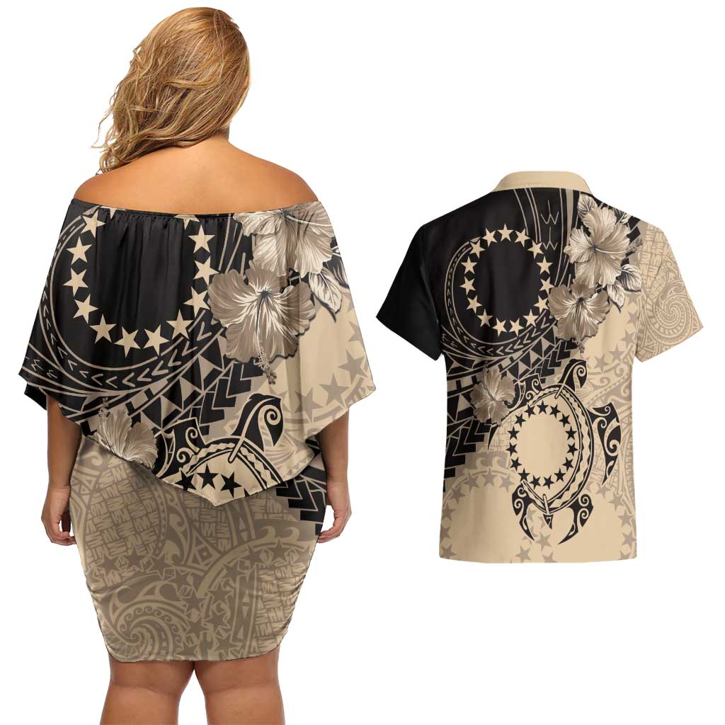 Cook Islands Turtle Couples Matching Off Shoulder Short Dress and Hawaiian Shirt Stars and Hibiscus - Beige