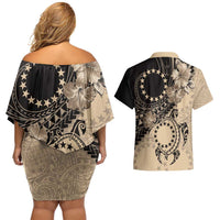 Cook Islands Turtle Couples Matching Off Shoulder Short Dress and Hawaiian Shirt Stars and Hibiscus - Beige