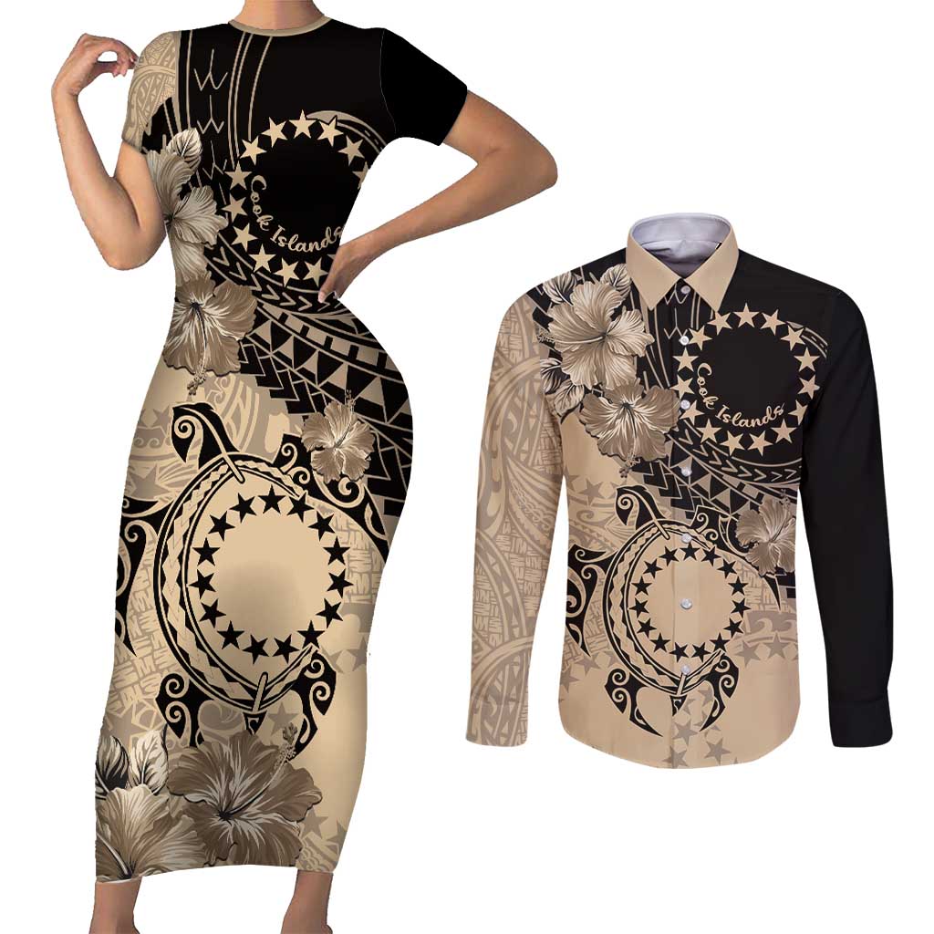 Cook Islands Turtle Couples Matching Short Sleeve Bodycon Dress and Long Sleeve Button Shirt Stars and Hibiscus - Beige