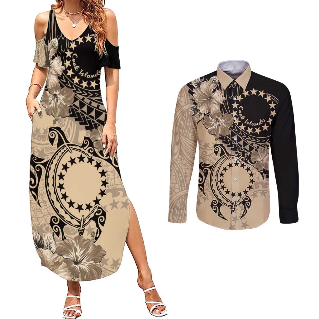 Cook Islands Turtle Couples Matching Summer Maxi Dress and Long Sleeve Button Shirt Stars and Hibiscus - Beige
