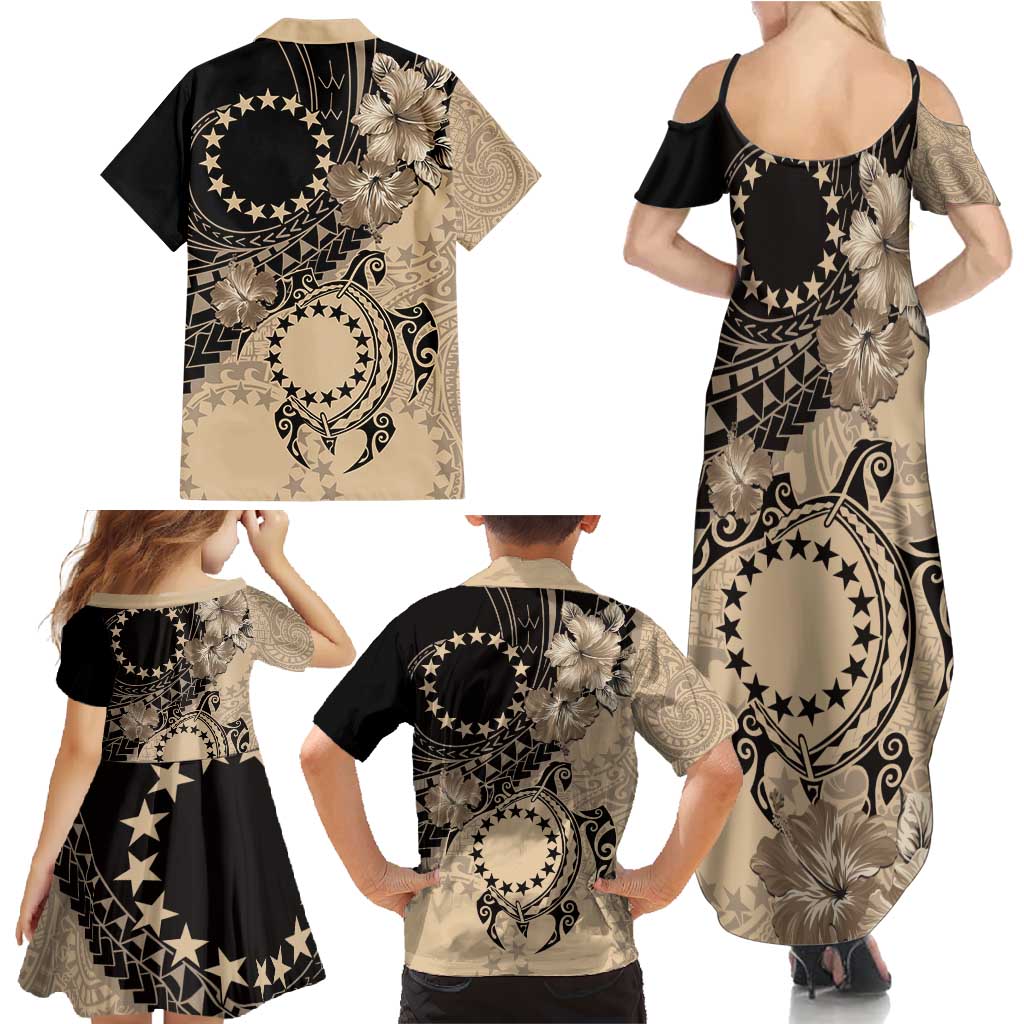 Cook Islands Turtle Family Matching Summer Maxi Dress and Hawaiian Shirt Stars and Hibiscus - Beige