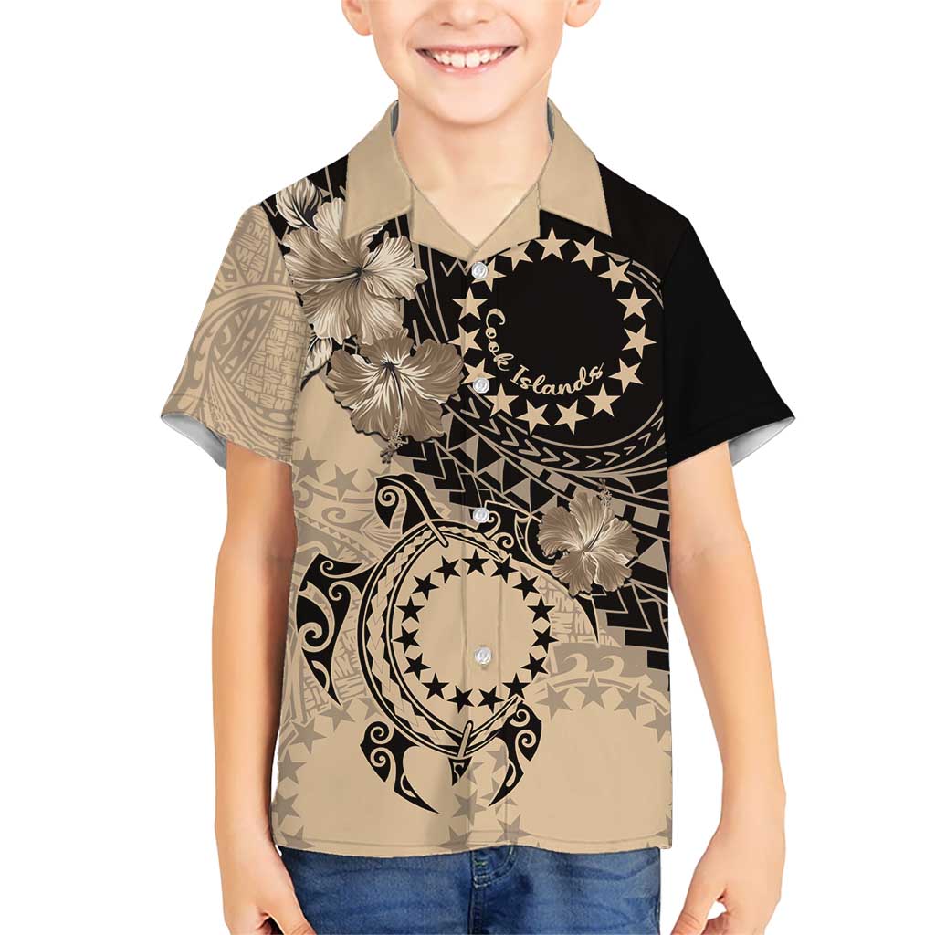 Cook Islands Turtle Kid Hawaiian Shirt Stars and Hibiscus - Beige