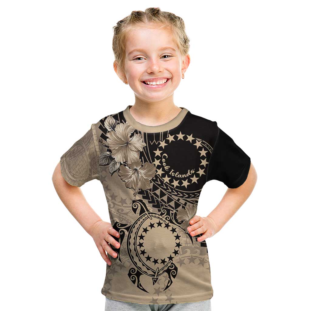 Cook Islands Turtle Kid T Shirt Stars and Hibiscus - Beige LT01 Beige - Polynesian Pride