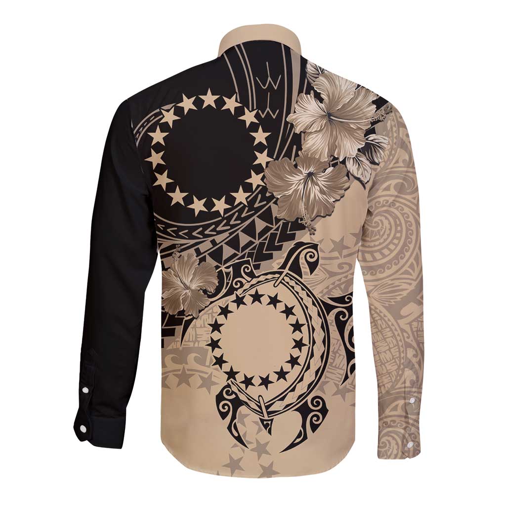 Cook Islands Turtle Long Sleeve Button Shirt Stars and Hibiscus - Beige LT01 - Polynesian Pride
