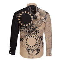 Cook Islands Turtle Long Sleeve Button Shirt Stars and Hibiscus - Beige LT01 - Polynesian Pride