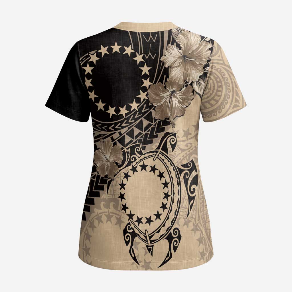 Cook Islands Turtle Scrub Top Stars and Hibiscus - Beige LT01 - Polynesian Pride