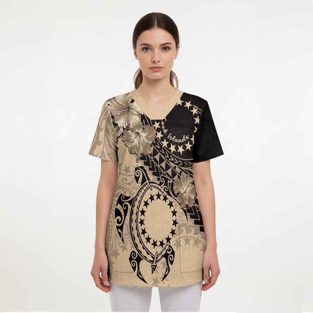 Cook Islands Turtle Scrub Top Stars and Hibiscus - Beige LT01 - Polynesian Pride