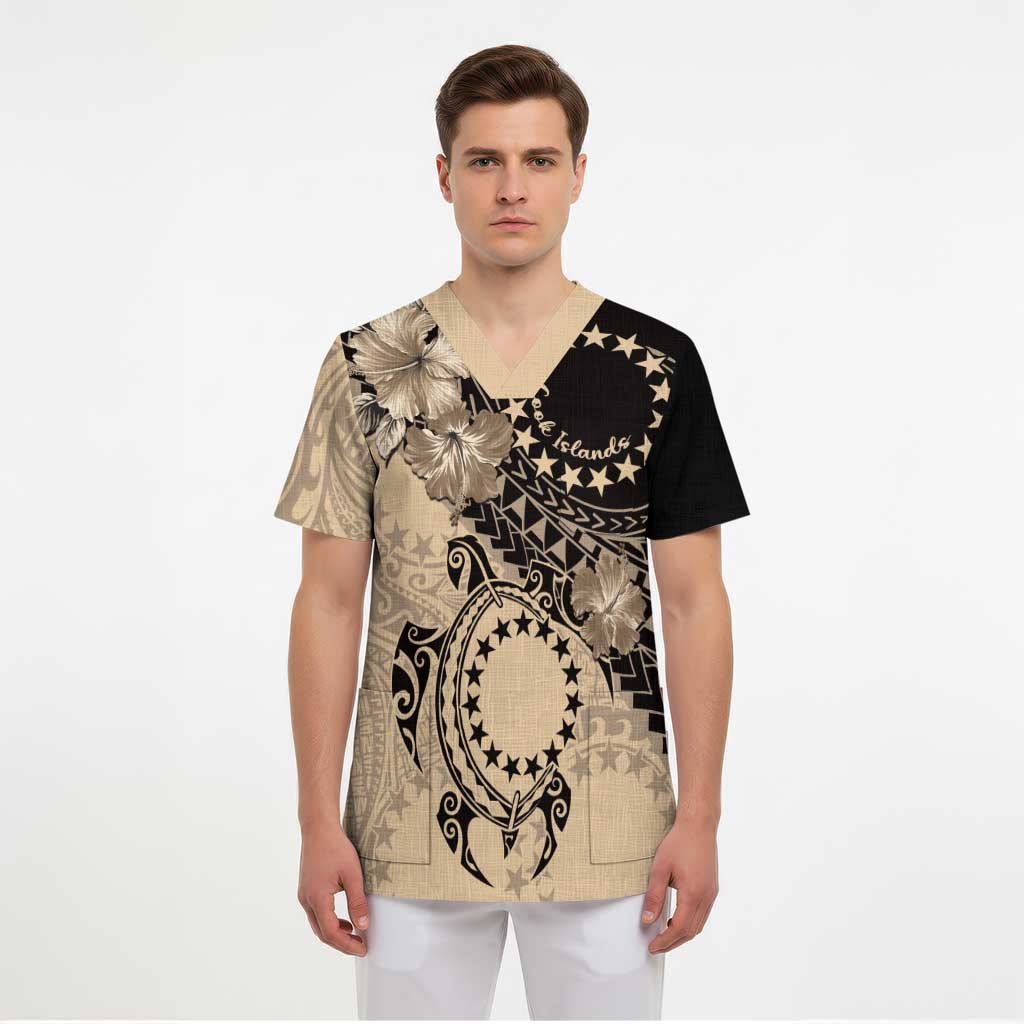 Cook Islands Turtle Scrub Top Stars and Hibiscus - Beige LT01 - Polynesian Pride