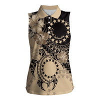 Cook Islands Turtle Women Sleeveless Polo Shirt Stars and Hibiscus - Beige LT01 Female Beige - Polynesian Pride