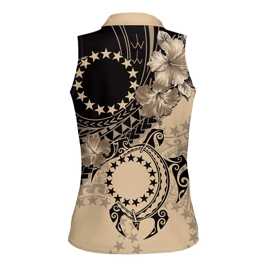 Cook Islands Turtle Women Sleeveless Polo Shirt Stars and Hibiscus - Beige LT01 - Polynesian Pride