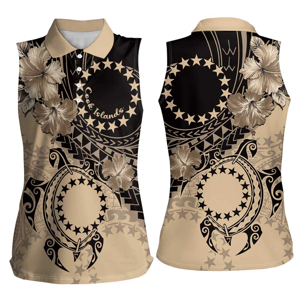 Cook Islands Turtle Women Sleeveless Polo Shirt Stars and Hibiscus - Beige LT01 - Polynesian Pride