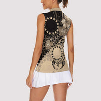 Cook Islands Turtle Women Sleeveless Polo Shirt Stars and Hibiscus - Beige LT01 - Polynesian Pride