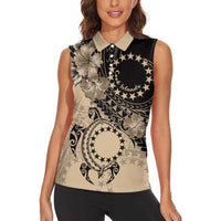 Cook Islands Turtle Women Sleeveless Polo Shirt Stars and Hibiscus - Beige LT01 - Polynesian Pride