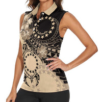Cook Islands Turtle Women Sleeveless Polo Shirt Stars and Hibiscus - Beige LT01 - Polynesian Pride