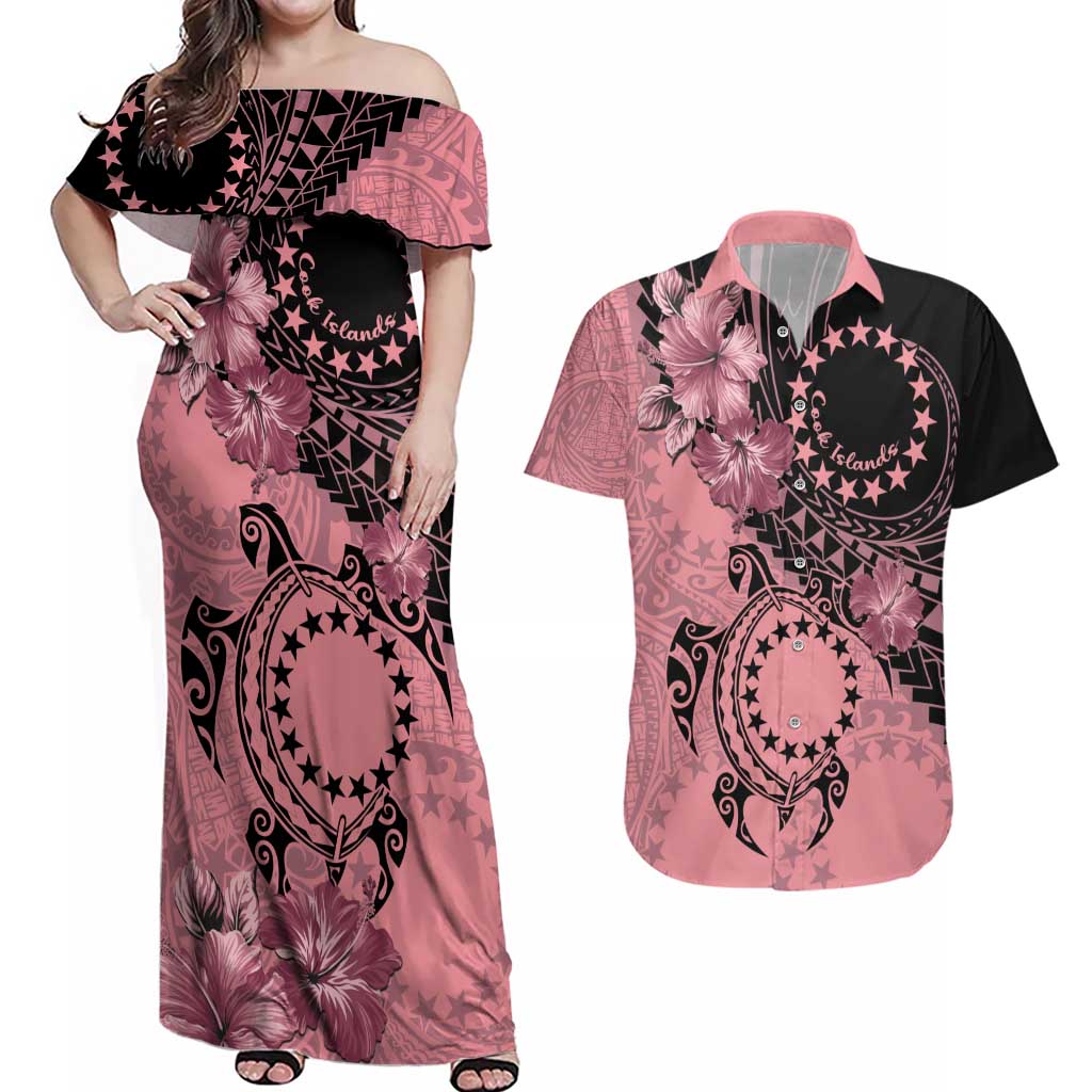 Cook Islands Turtle Couples Matching Off Shoulder Maxi Dress and Hawaiian Shirt Stars and Hibiscus - Pink LT01 Pink - Polynesian Pride