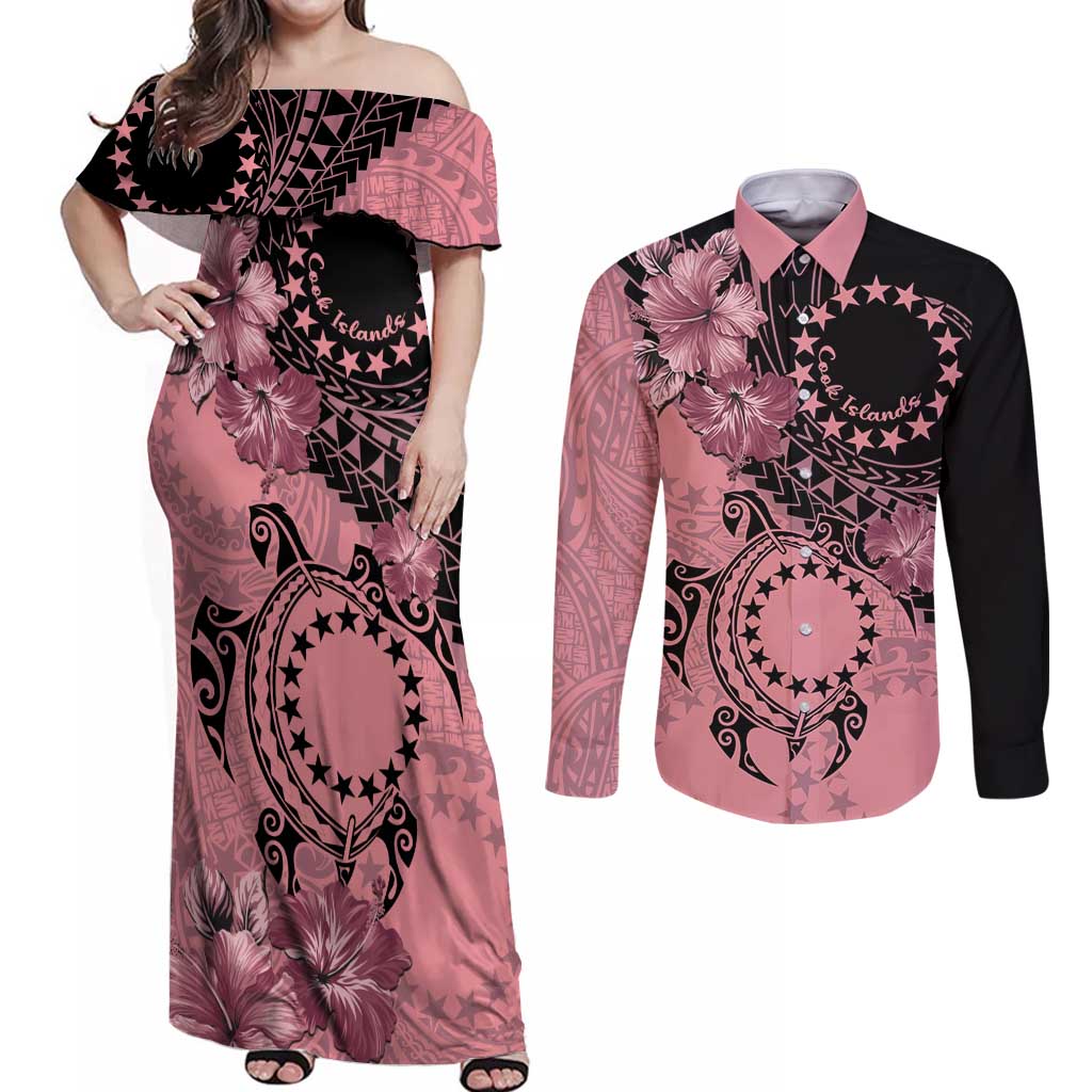 Cook Islands Turtle Couples Matching Off Shoulder Maxi Dress and Long Sleeve Button Shirt Stars and Hibiscus - Pink