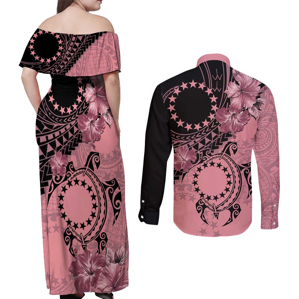 Cook Islands Turtle Couples Matching Off Shoulder Maxi Dress and Long Sleeve Button Shirt Stars and Hibiscus - Pink