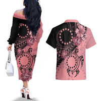 Cook Islands Turtle Couples Matching Off The Shoulder Long Sleeve Dress and Hawaiian Shirt Stars and Hibiscus - Pink