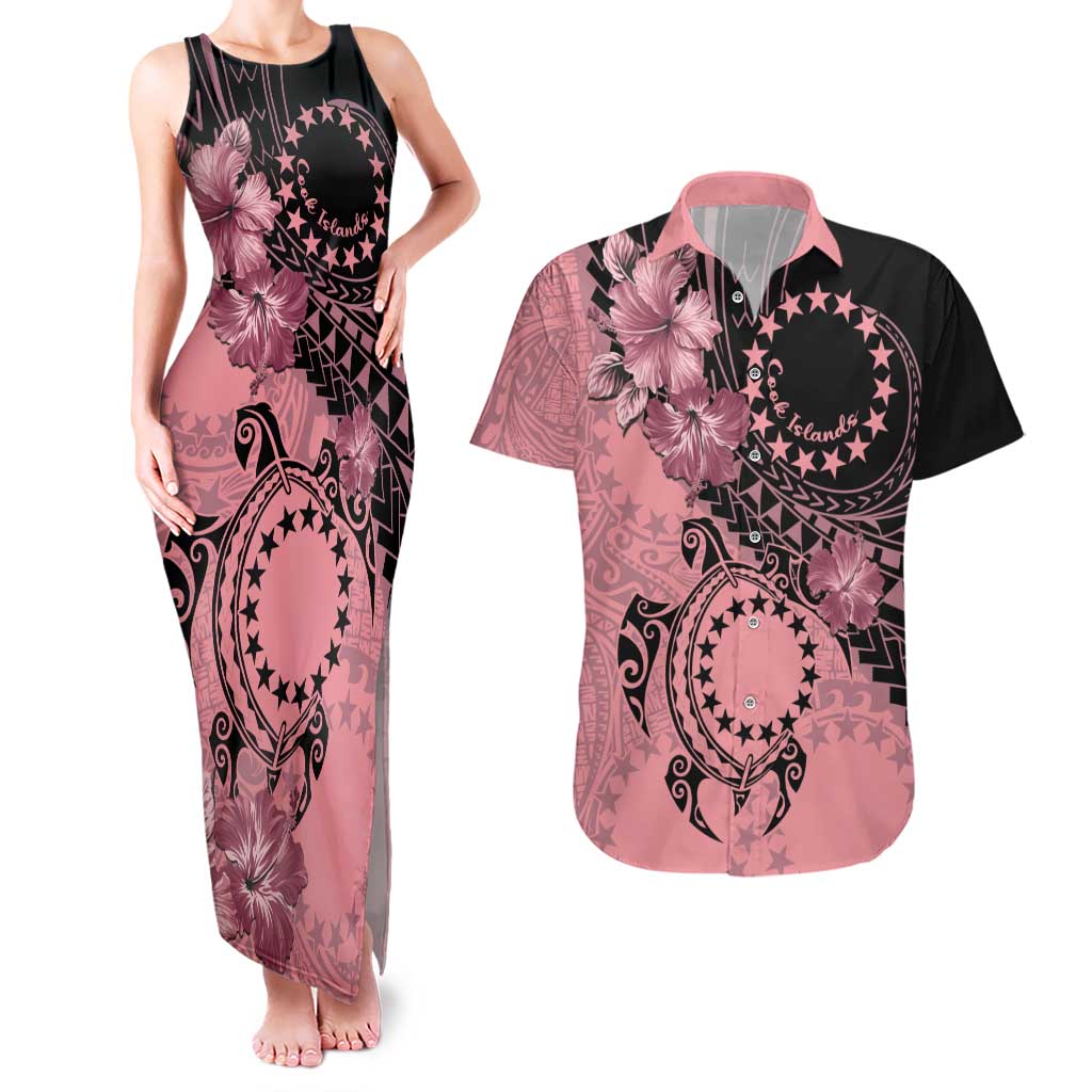 Cook Islands Turtle Couples Matching Tank Maxi Dress and Hawaiian Shirt Stars and Hibiscus - Pink