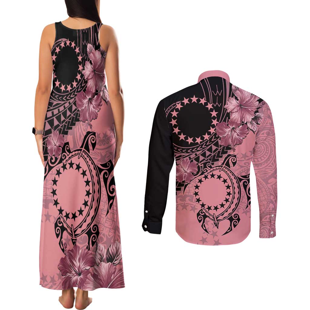 Cook Islands Turtle Couples Matching Tank Maxi Dress and Long Sleeve Button Shirt Stars and Hibiscus - Pink