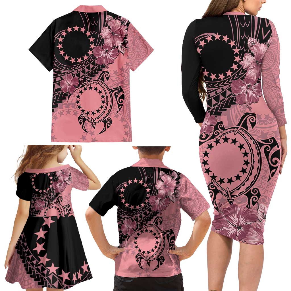 Cook Islands Turtle Family Matching Long Sleeve Bodycon Dress and Hawaiian Shirt Stars and Hibiscus - Pink