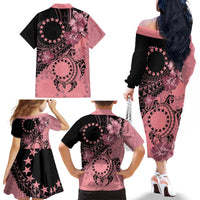 Cook Islands Turtle Family Matching Off The Shoulder Long Sleeve Dress and Hawaiian Shirt Stars and Hibiscus - Pink