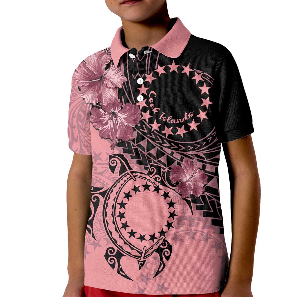 Cook Islands Turtle Kid Polo Shirt Stars and Hibiscus - Pink