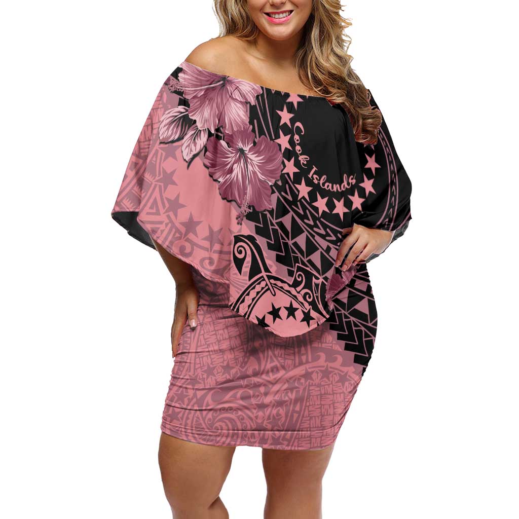 Cook Islands Turtle Off Shoulder Short Dress Stars and Hibiscus - Pink