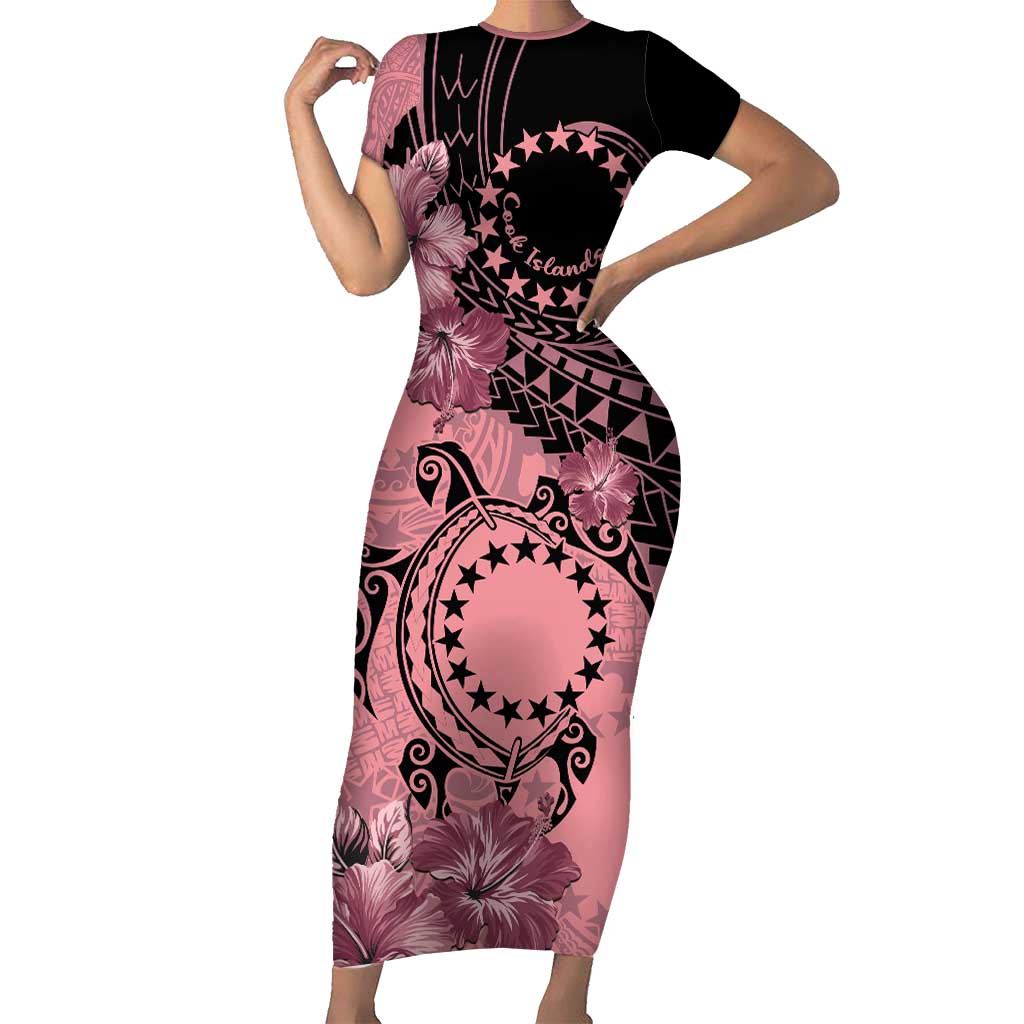 Cook Islands Turtle Short Sleeve Bodycon Dress Stars and Hibiscus - Pink LT01 Long Dress Pink - Polynesian Pride