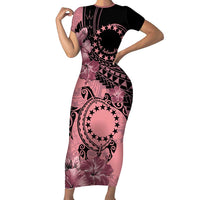 Cook Islands Turtle Short Sleeve Bodycon Dress Stars and Hibiscus - Pink LT01 Long Dress Pink - Polynesian Pride