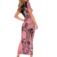 Cook Islands Turtle Short Sleeve Bodycon Dress Stars and Hibiscus - Pink LT01 - Polynesian Pride