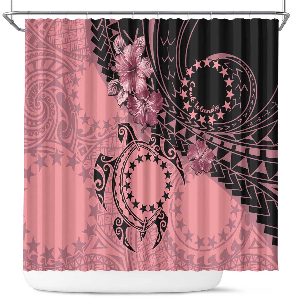 Cook Islands Turtle Shower Curtain Stars and Hibiscus - Pink