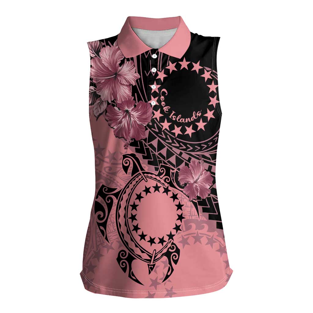 Cook Islands Turtle Women Sleeveless Polo Shirt Stars and Hibiscus - Pink LT01 Female Pink - Polynesian Pride