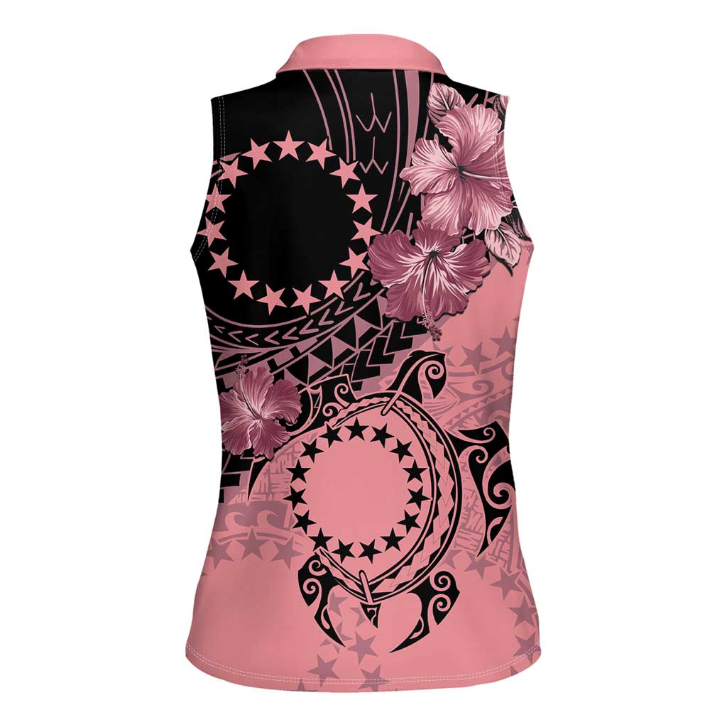 Cook Islands Turtle Women Sleeveless Polo Shirt Stars and Hibiscus - Pink LT01 - Polynesian Pride