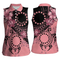 Cook Islands Turtle Women Sleeveless Polo Shirt Stars and Hibiscus - Pink LT01 - Polynesian Pride