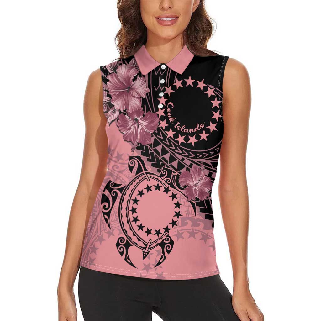 Cook Islands Turtle Women Sleeveless Polo Shirt Stars and Hibiscus - Pink LT01 - Polynesian Pride