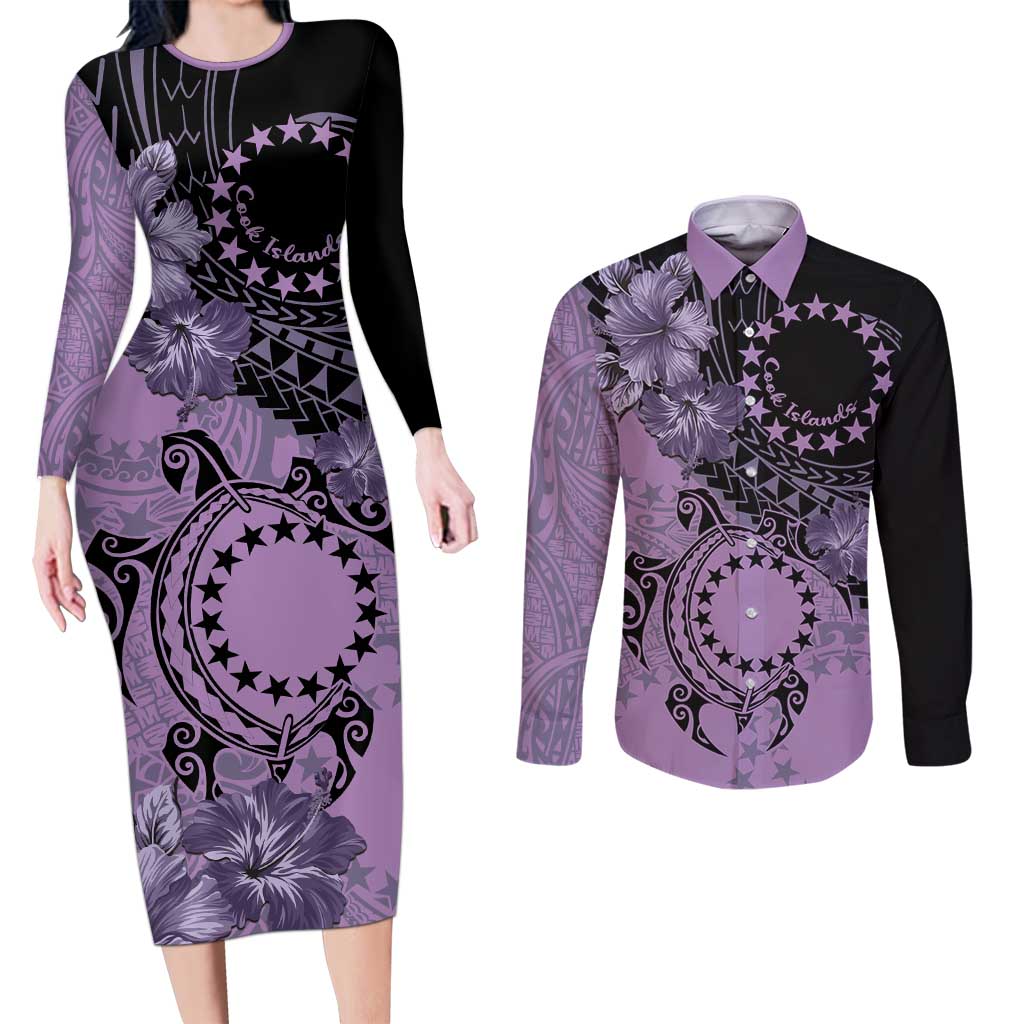 Cook Islands Turtle Couples Matching Long Sleeve Bodycon Dress and Long Sleeve Button Shirt Stars and Hibiscus - Purple