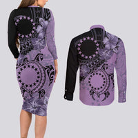 Cook Islands Turtle Couples Matching Long Sleeve Bodycon Dress and Long Sleeve Button Shirt Stars and Hibiscus - Purple