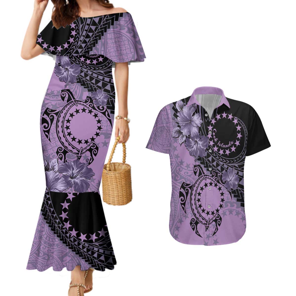 Cook Islands Turtle Couples Matching Mermaid Dress and Hawaiian Shirt Stars and Hibiscus - Purple