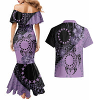 Cook Islands Turtle Couples Matching Mermaid Dress and Hawaiian Shirt Stars and Hibiscus - Purple