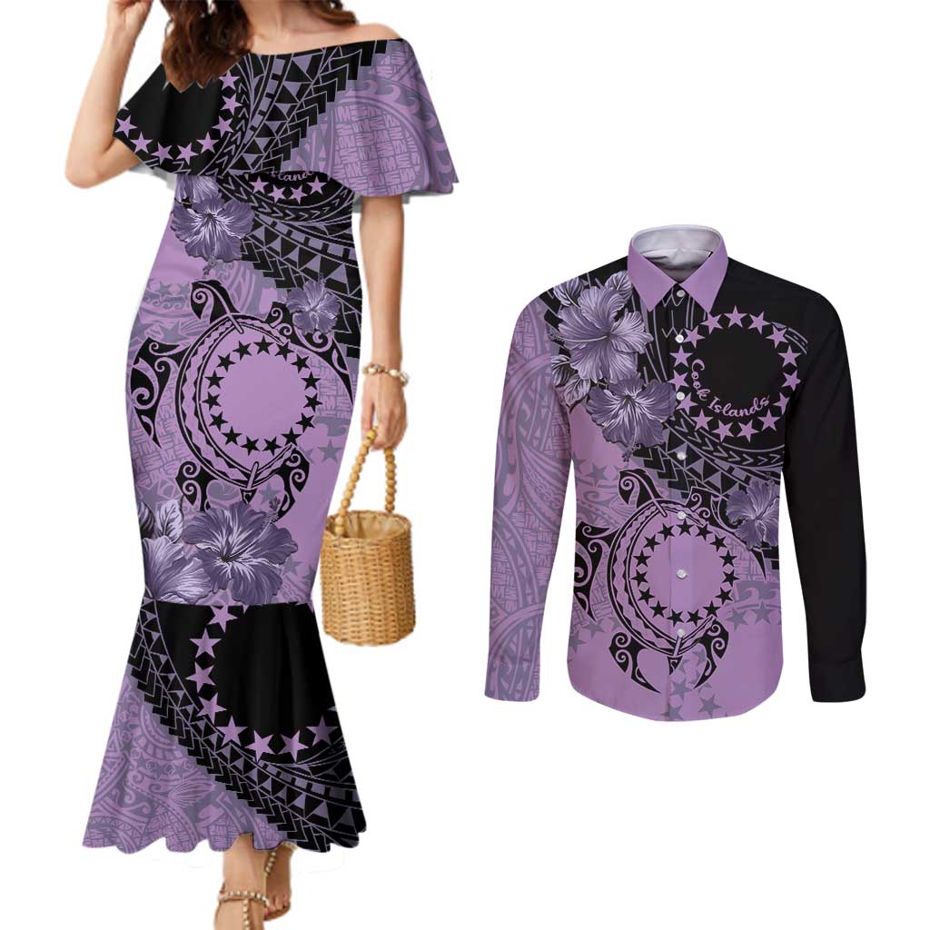Cook Islands Turtle Couples Matching Mermaid Dress and Long Sleeve Button Shirt Stars and Hibiscus - Purple