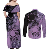 Cook Islands Turtle Couples Matching Off Shoulder Maxi Dress and Long Sleeve Button Shirt Stars and Hibiscus - Purple