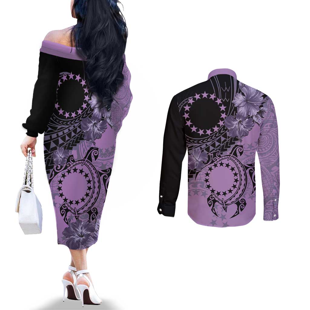 Cook Islands Turtle Couples Matching Off The Shoulder Long Sleeve Dress and Long Sleeve Button Shirt Stars and Hibiscus - Purple