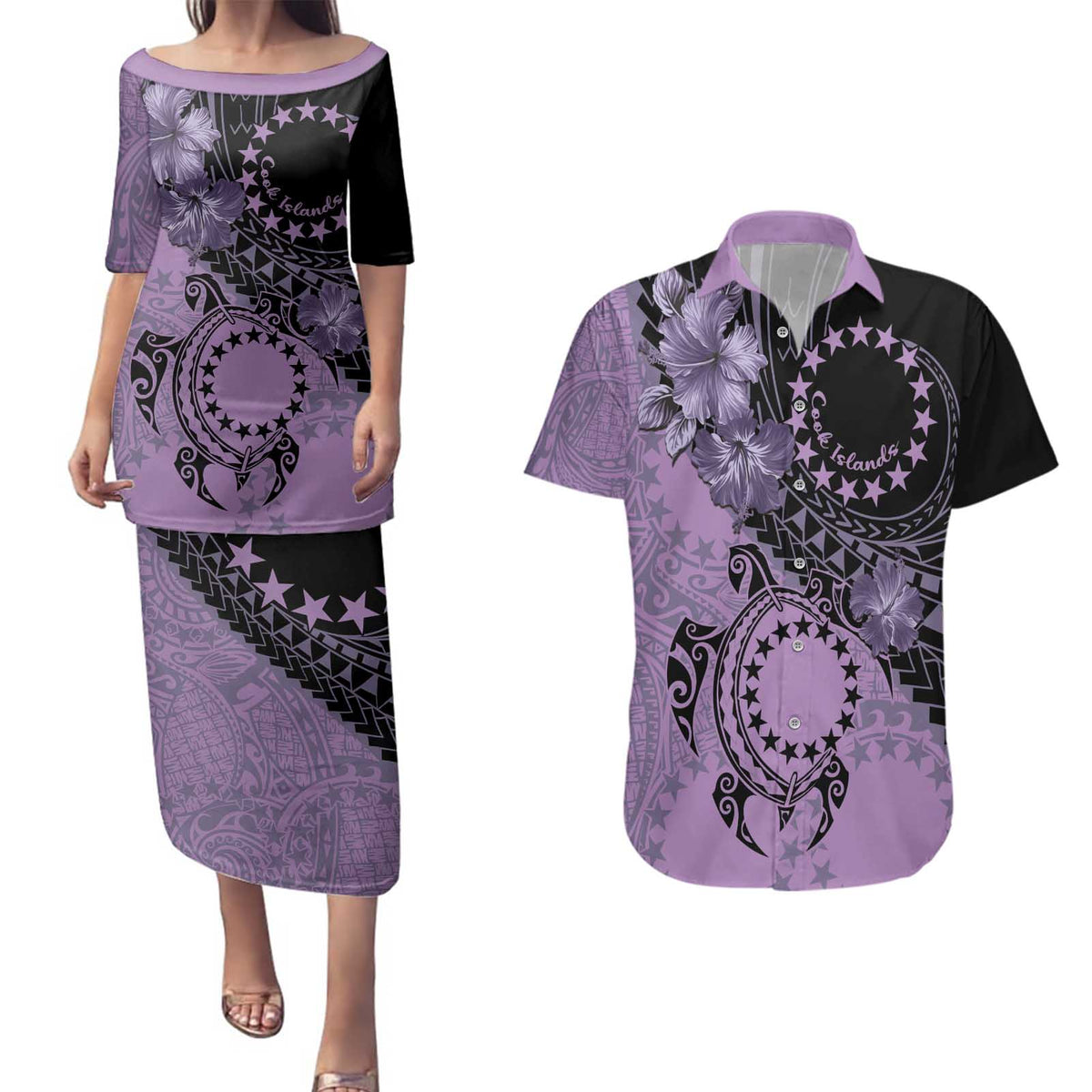 Cook Islands Turtle Couples Matching Puletasi and Hawaiian Shirt Stars and Hibiscus - Purple