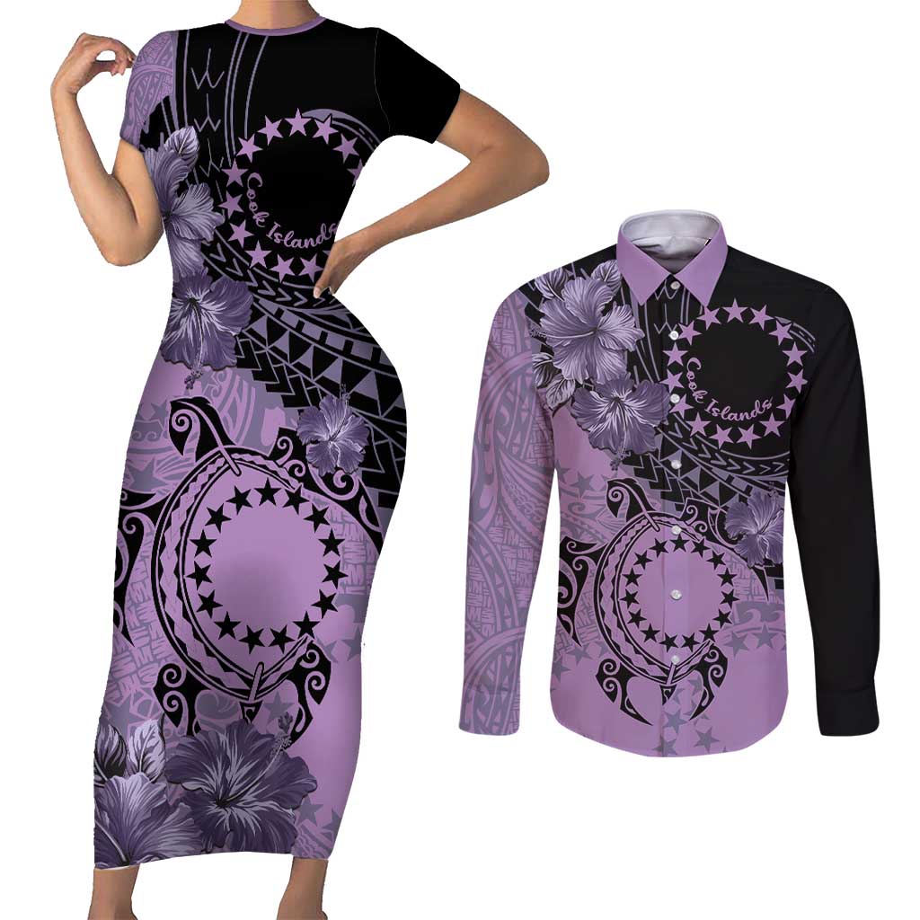 Cook Islands Turtle Couples Matching Short Sleeve Bodycon Dress and Long Sleeve Button Shirt Stars and Hibiscus - Purple