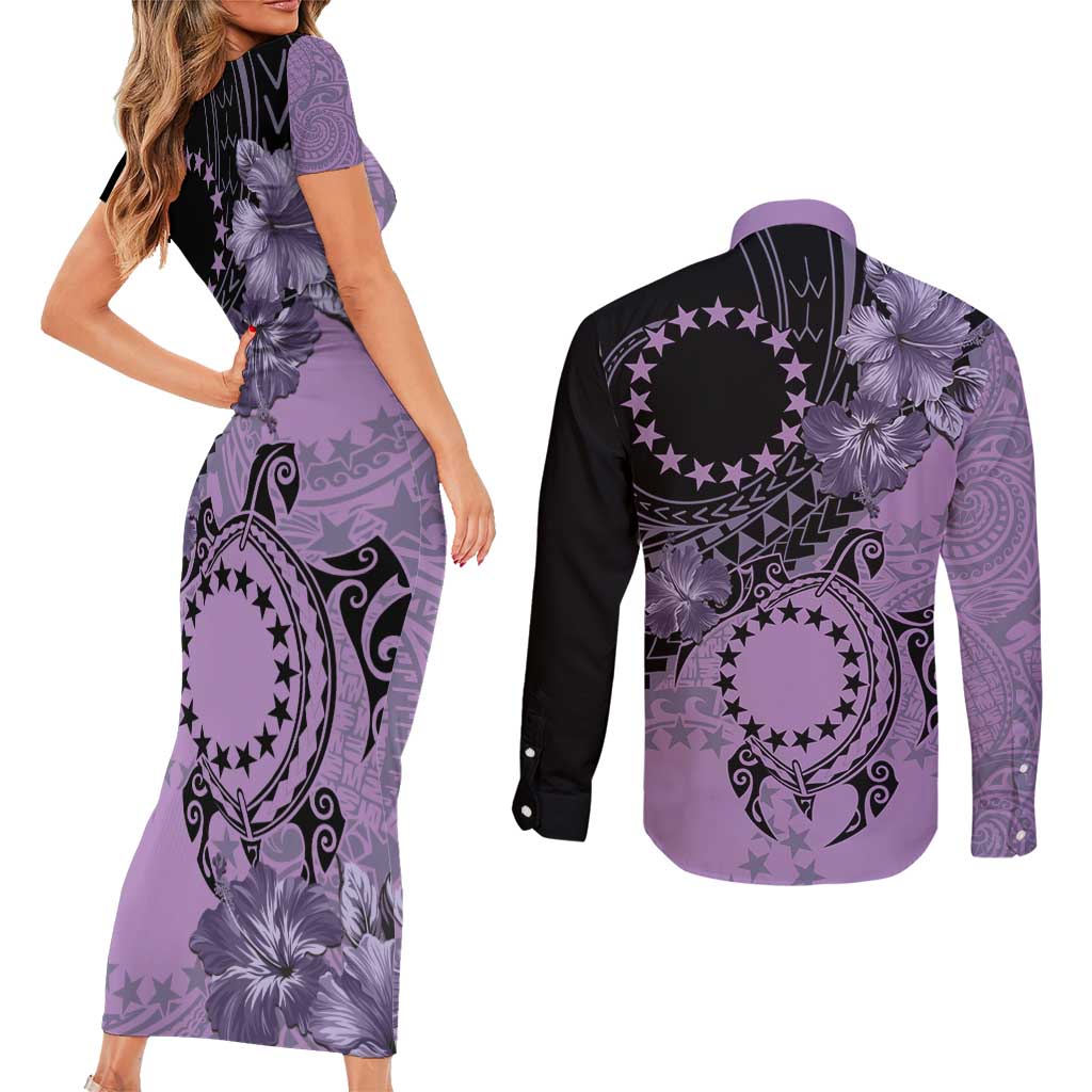Cook Islands Turtle Couples Matching Short Sleeve Bodycon Dress and Long Sleeve Button Shirt Stars and Hibiscus - Purple