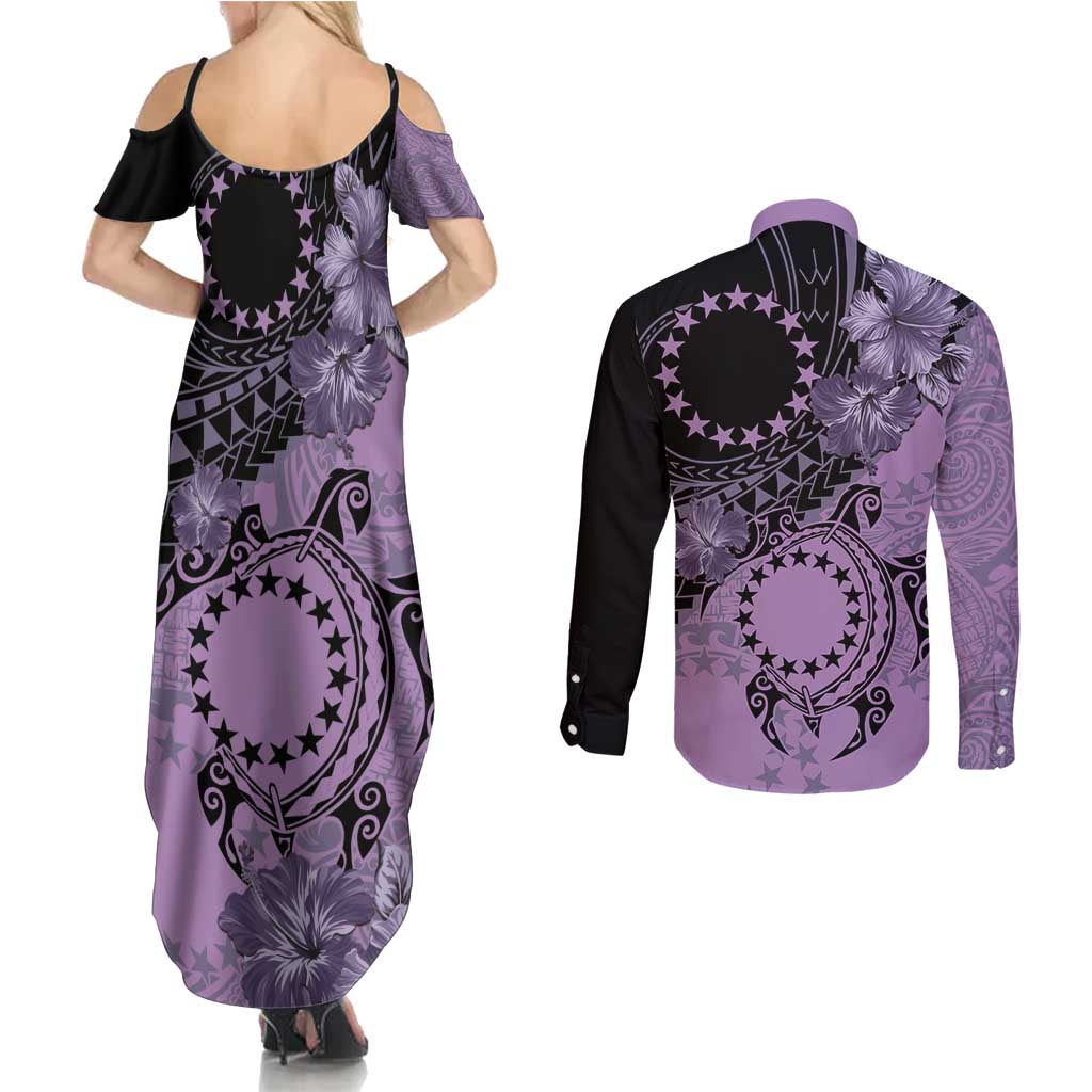 Cook Islands Turtle Couples Matching Summer Maxi Dress and Long Sleeve Button Shirt Stars and Hibiscus - Purple