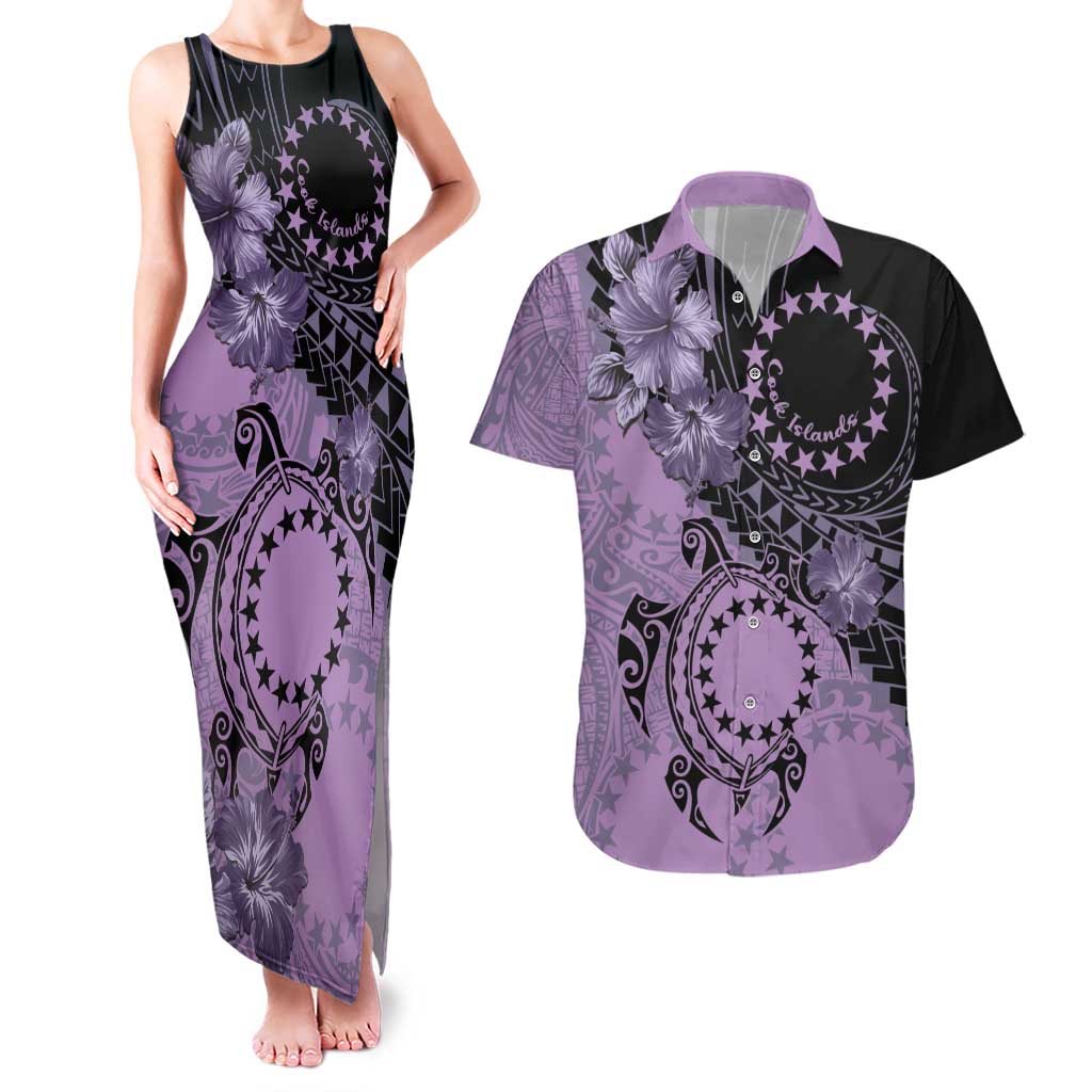 Cook Islands Turtle Couples Matching Tank Maxi Dress and Hawaiian Shirt Stars and Hibiscus - Purple