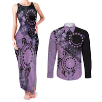 Cook Islands Turtle Couples Matching Tank Maxi Dress and Long Sleeve Button Shirt Stars and Hibiscus - Purple