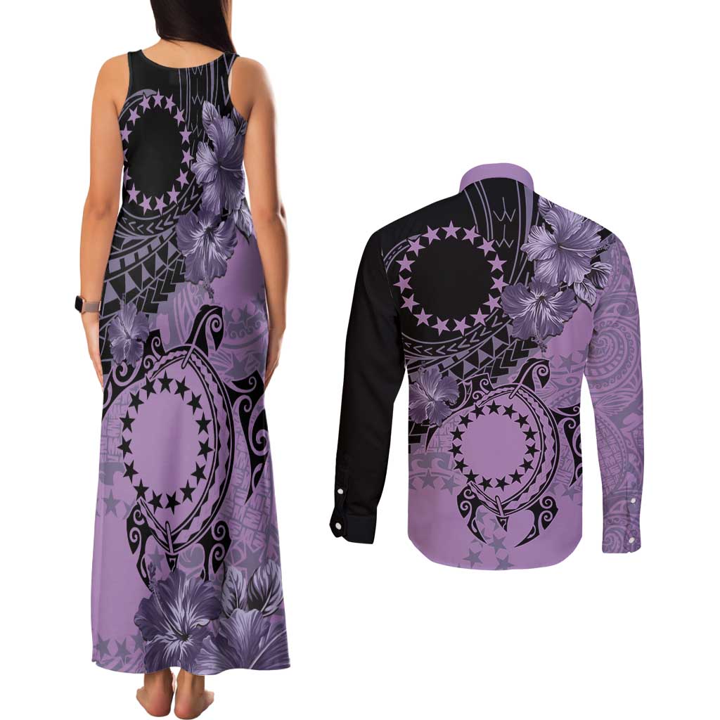 Cook Islands Turtle Couples Matching Tank Maxi Dress and Long Sleeve Button Shirt Stars and Hibiscus - Purple